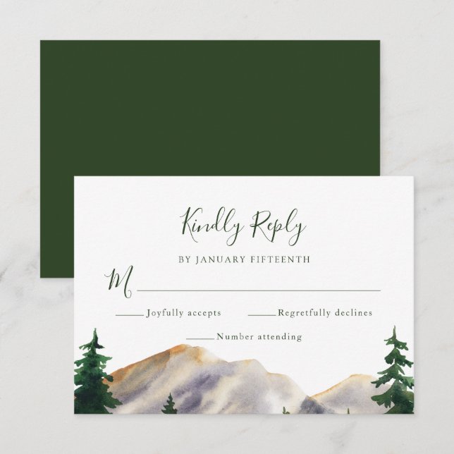 RSVP Aquarelle Montagnes Rustiques Mariage vert (Devant / Derrière)