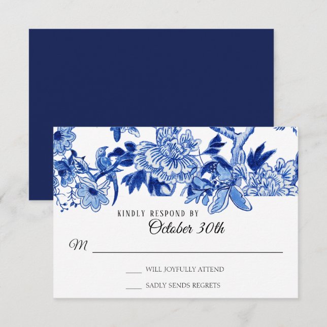 RSVP Asian Influence Navy Blue Floral Chinoiserie Invitation (Front/Back)