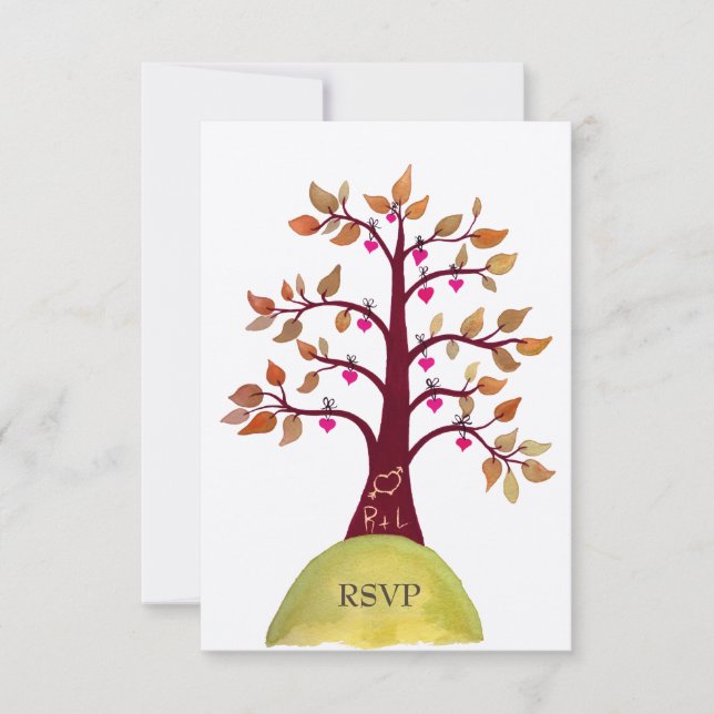 RSVP Autumn/Fall Heart Tree Carving Wedding Cards (Front)