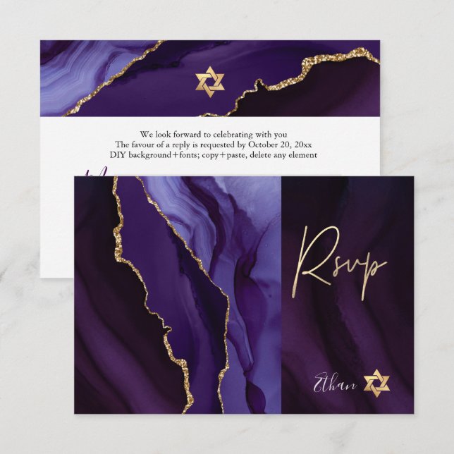 RSVP Bar Mitzvah Eggplant Aquarelle Agate ✡ (Devant / Derrière)