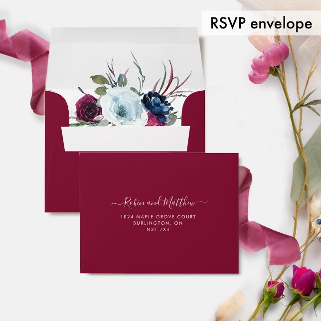 RSVP,  Berry, Blue and Burgundy Floral, Burgundy Envelope (Creator Uploaded)