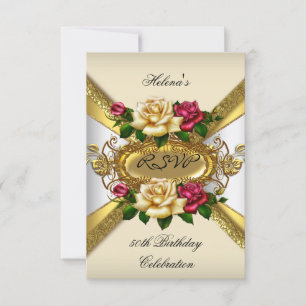 RSVP Birthday Party Roses Red Cream Gold 3 Card