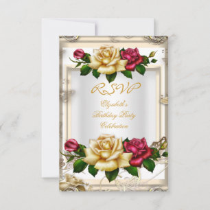 RSVP Birthday Party Roses White Gold Red Cream Invitation