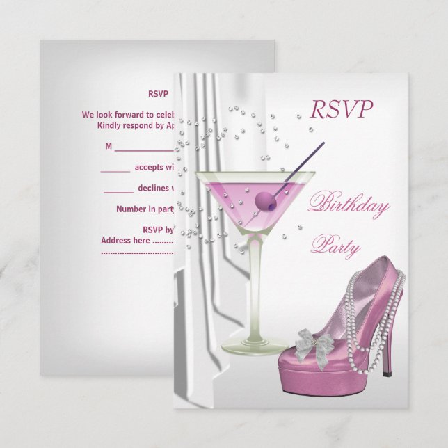 RSVP Birthday Party White Pink Martini Pearl Shoe Invitation (Front/Back)