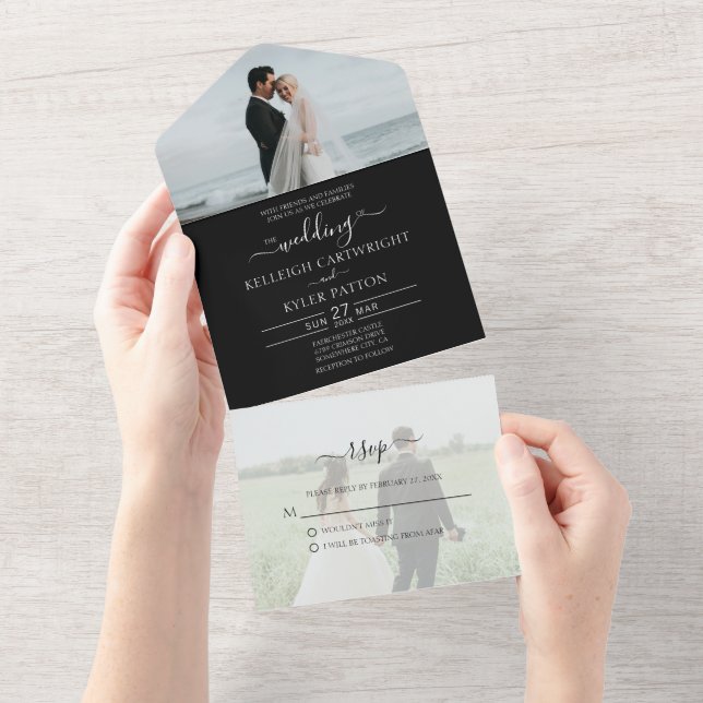 RSVP Black 2 Photo All in One Wedding Invitation (Tearaway)