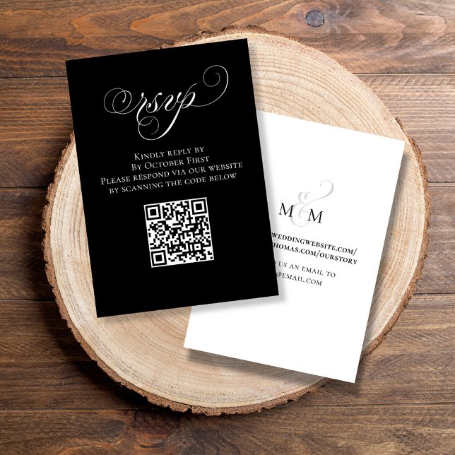RSVP Black and White QR Code Calligraphy Enclosure Card (Elegant RSVP enclosure card with calligraphy script and QR Code. )