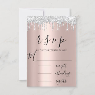 RSVP Black White Rose Silver Drips Wedding Card