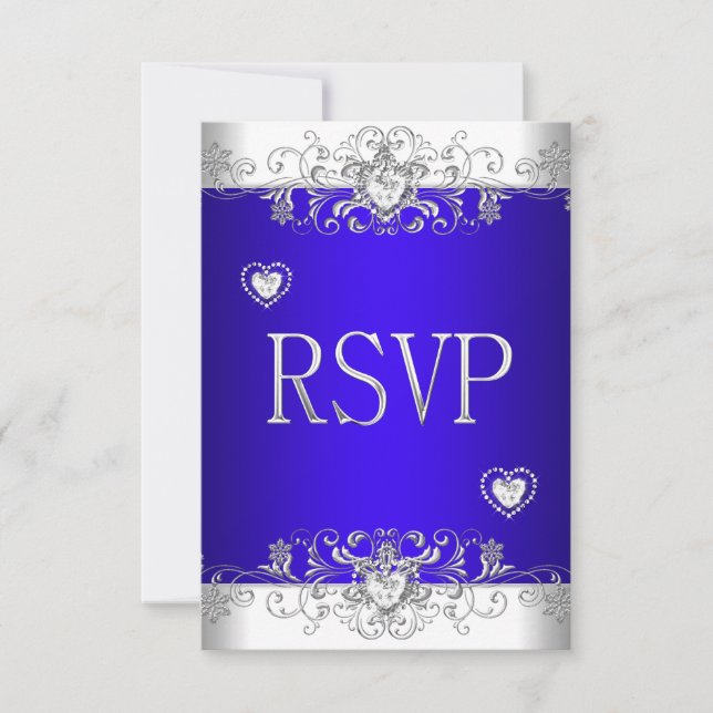 RSVP Bleu Royal Mariage Blanc Cœurs Diamant (Devant)