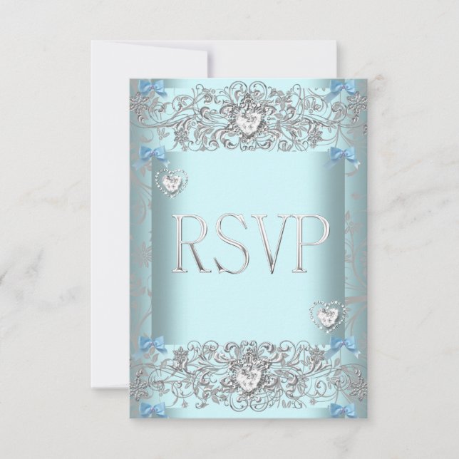 RSVP Bleu sarcelle Damassé Mariage Diamant Blanc C (Devant)