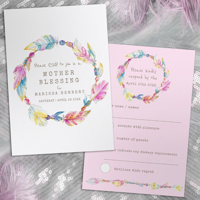 RSVP boho feather pink tribal baby blessing Card (Creator Uploaded)