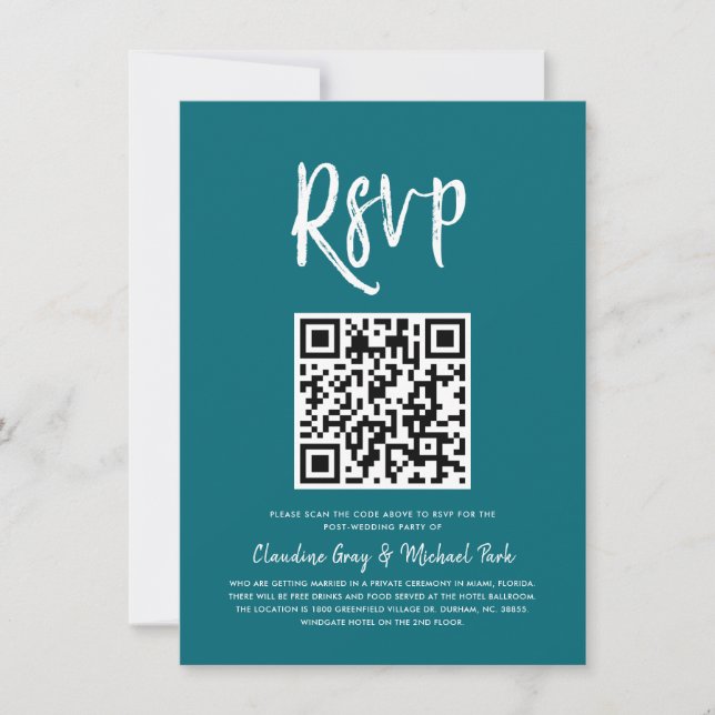 RSVP by QR Code | Teal Script Style RSVP  Invitation (Front)