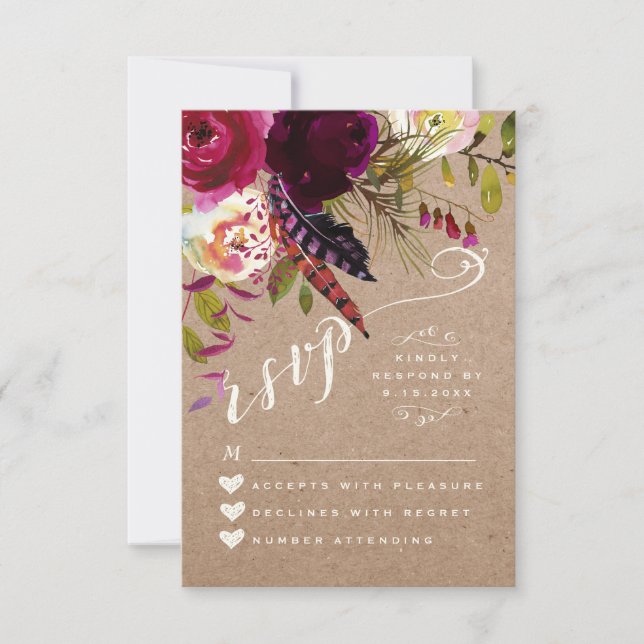 RSVP CARD | Elegant Floral Rustic Boho Rose Kraft (Front)