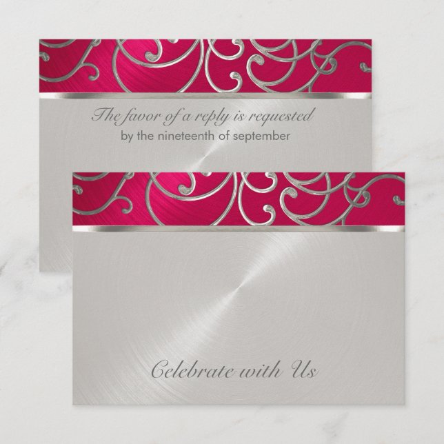 RSVP Card Elegant Magenta Pink Silver Filigree (Front/Back)
