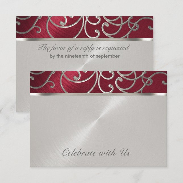 RSVP Card Elegant Red and Silver Filigree (Front/Back)