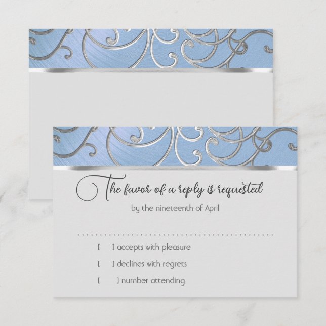 RSVP Card Elegant Sky Blue and Gold Filigree (Front/Back)