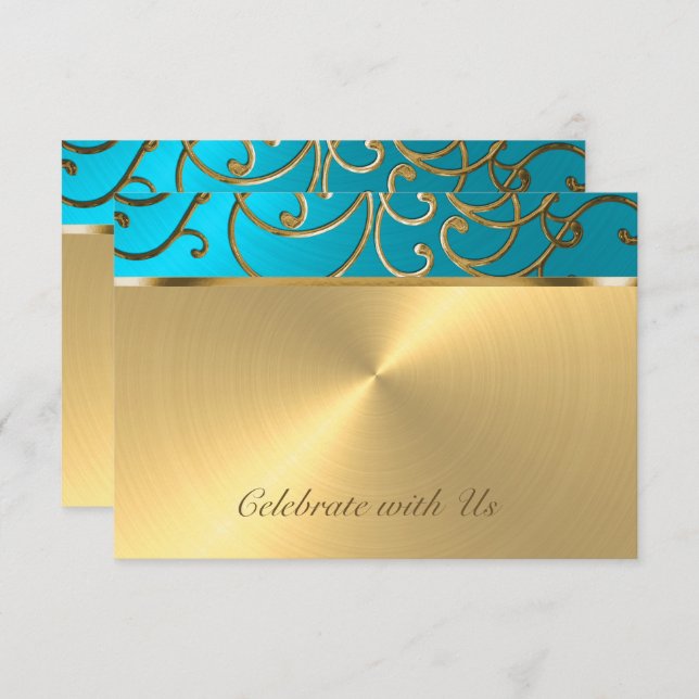 RSVP Card Elegant Turquoise Blue Gold Filigree (Front/Back)