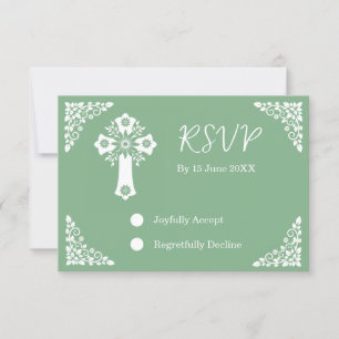 RSVP Card Floral Cross Christening Sage Green