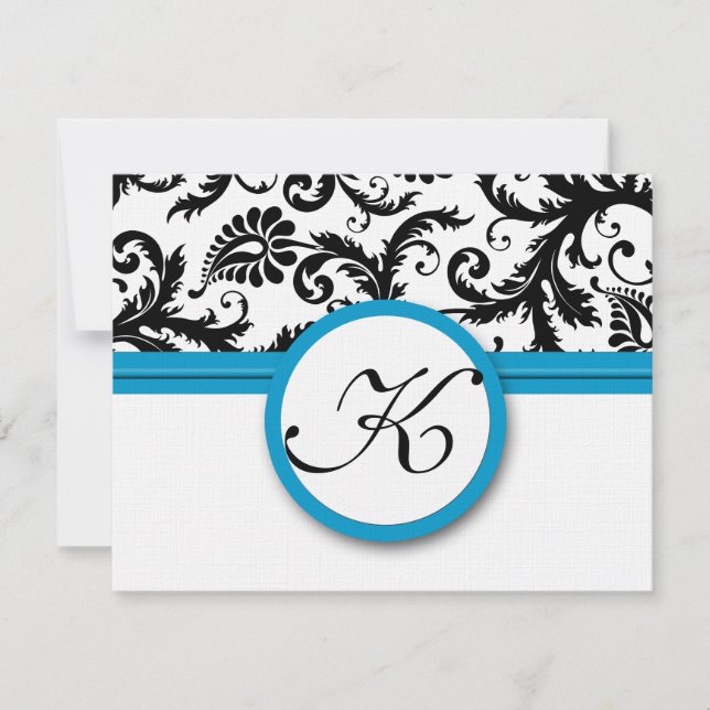 RSVP Cards-Black & White Damask Bright Aqua Trim (Front)