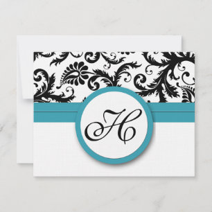 RSVP Cards-Black & White Damask Dark Pool Blue