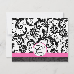 RSVP Cards-Black & White Damask Hot Pink Trim Card