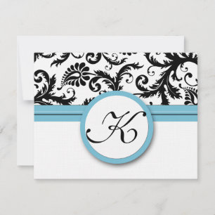 RSVP Cards-Black & White Damask Pool Blue Trim