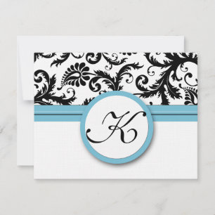RSVP Cards-Black & White Damask Pool Blue Trim Card
