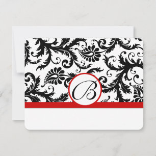 RSVP Cards-Black & White Damask Red Trim