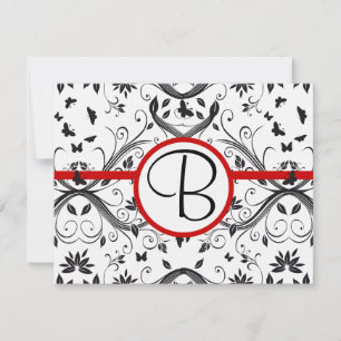 RSVP Cards-Black & White Damask Red Trim Card