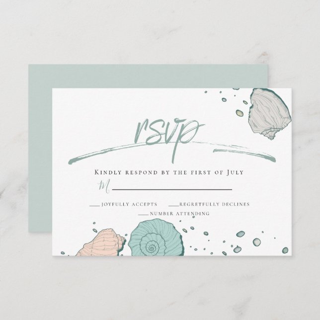 RSVP | Casual Beach Seashells Coral and Teal Invitation (Front/Back)