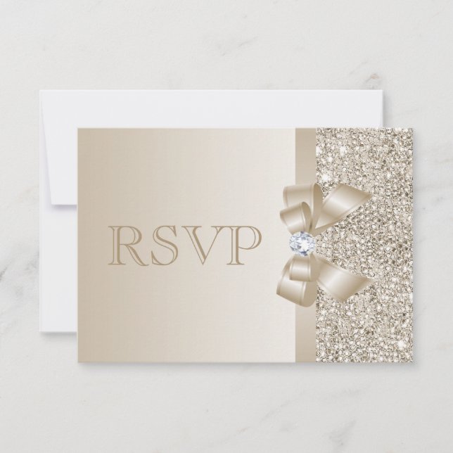 RSVP Champagne Sequins, Bow & Diamond RSVP Card (Front)