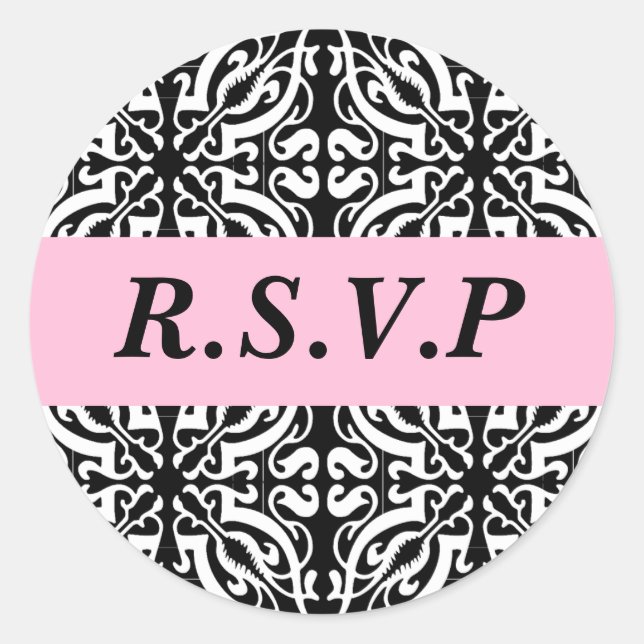 RSVP - Customizable (Black & White Damask) Classic Round Sticker (Front)