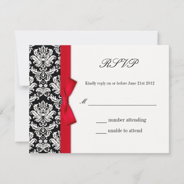 RSVP - Damask Red Bow Wedding Response Card (Front)