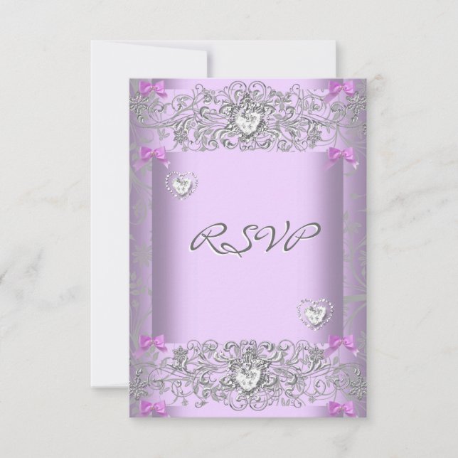 RSVP Damassé Lilas Mariage Diamants Blancs Cœurs (Devant)