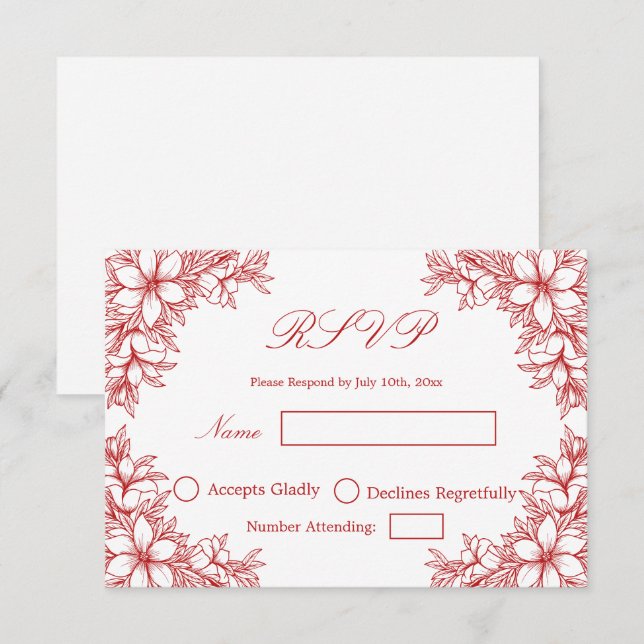 RSVP de mariage rouge avec des graphiques de fleur (Devant / Derrière)