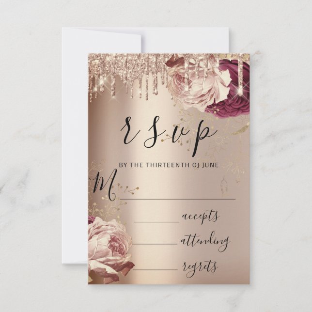 RSVP Drips Wedding Marsala Florals Rose Card (Front)