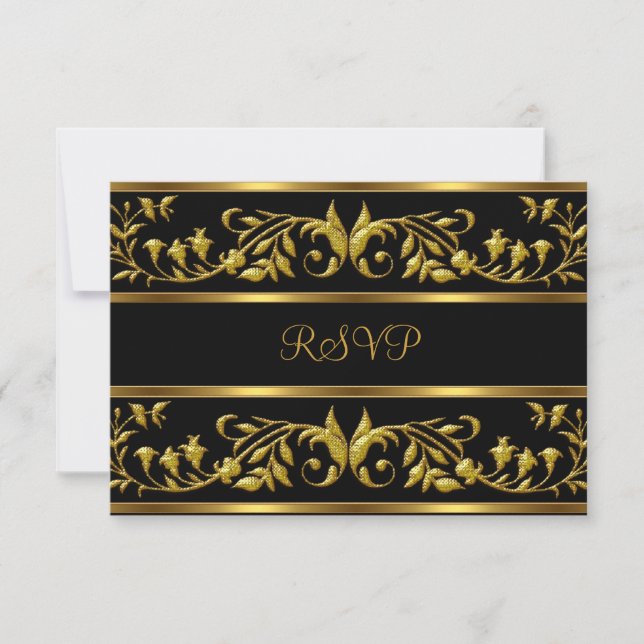 RSVP Elegant Black & Gold Floral fête d'anniversai (Devant)