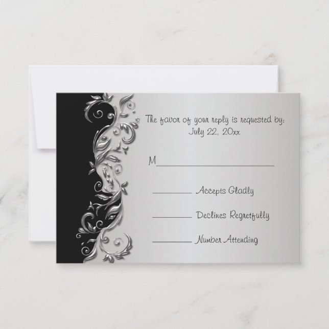 RSVP Elegant Mariage floral noir et argent (Devant)
