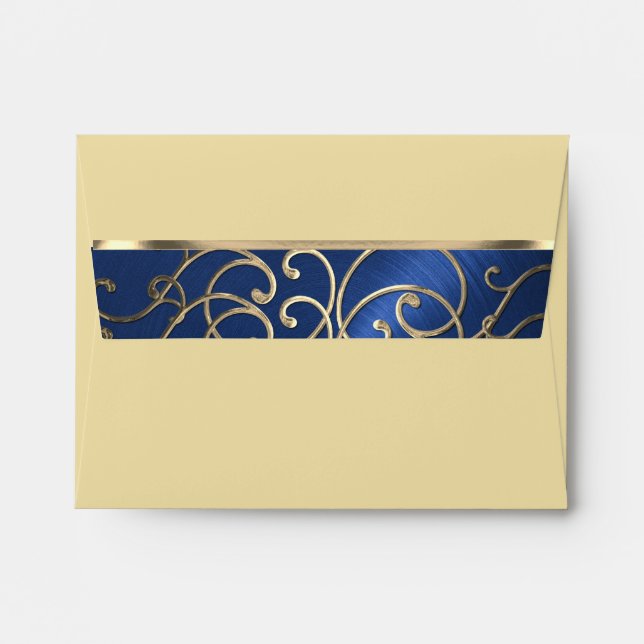 RSVP Elegant Navy Blue and Gold Filigree Enveloppe (Dos (Haut rabat))
