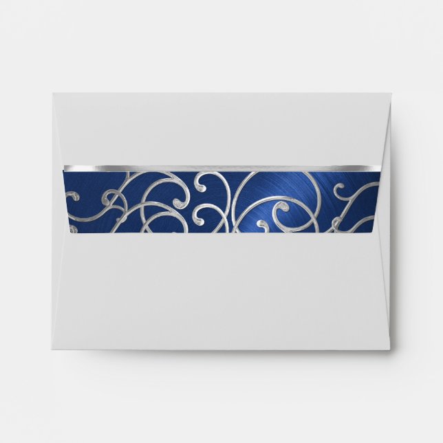 RSVP Elegant Navy Blue Silver Filigree Enveloppe (Dos (Haut rabat))