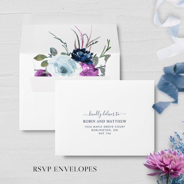 RSVP Elegant Purple and Blue Floral, White Envelope (Creator Uploaded)