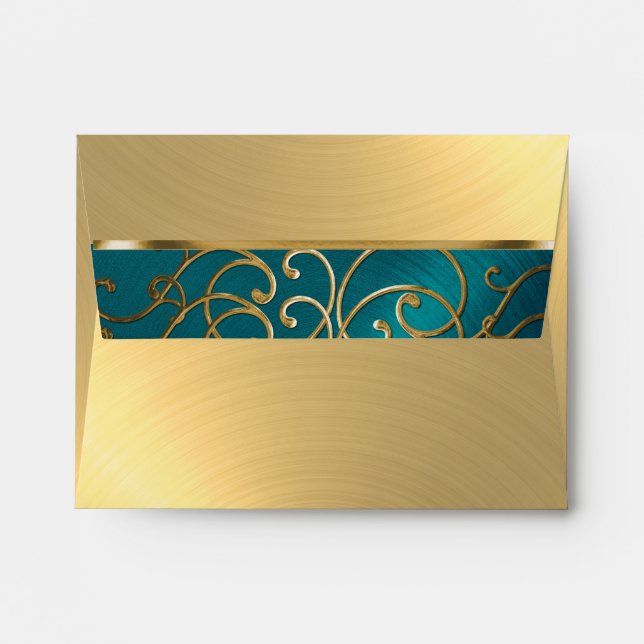 RSVP Elegant Teal Blue and Gold Filigree Envelopes (Back (Top Flap))
