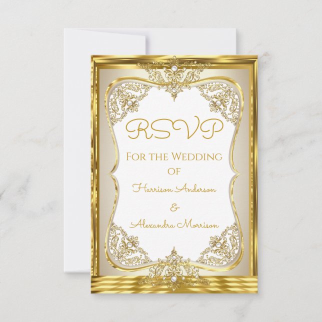RSVP Elite Wedding Gold White beige Cream Pearl Card (Front)