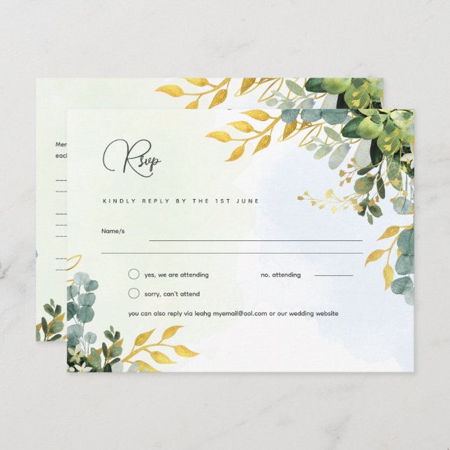 RSVP Eucalyptus Mariage - Watercolor Green Menu (Devant / Derrière)