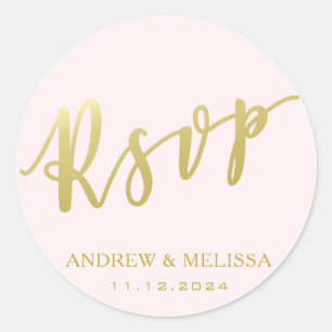 RSVP   Faux Gold Brush Script - Blush Pink Wedding Classic Round Sticker