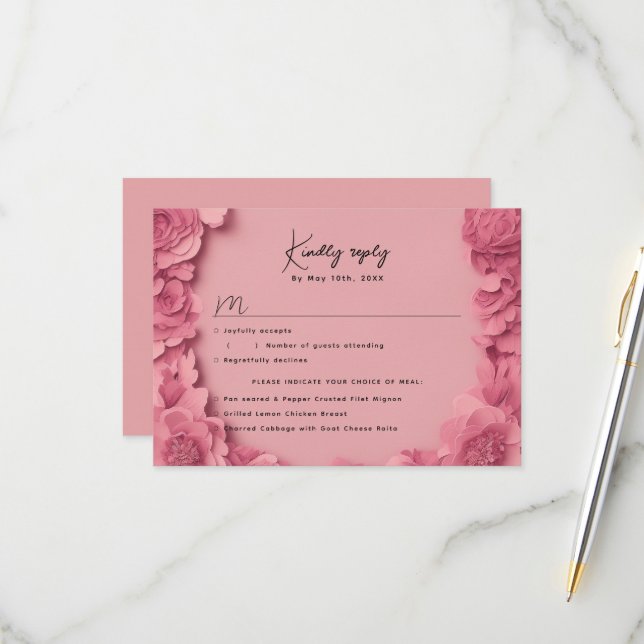 RSVP floral rose avec choix de repas (Devant/Arrière en situation)