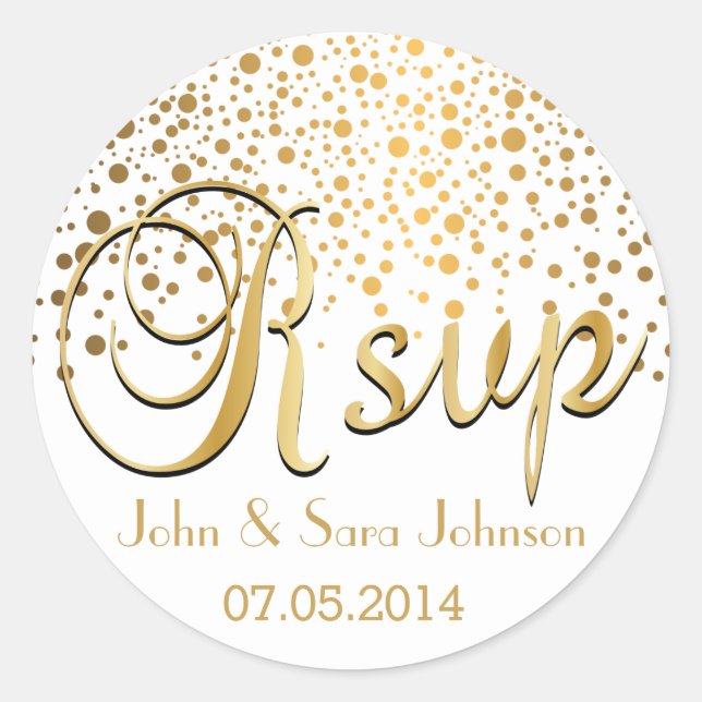 RSVP | Gold Confetti Dots | Personalize Classic Round Sticker (Front)
