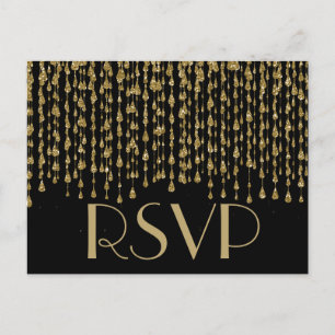 RSVP Gold Confetti Streams with Black Background Invitation Postcard