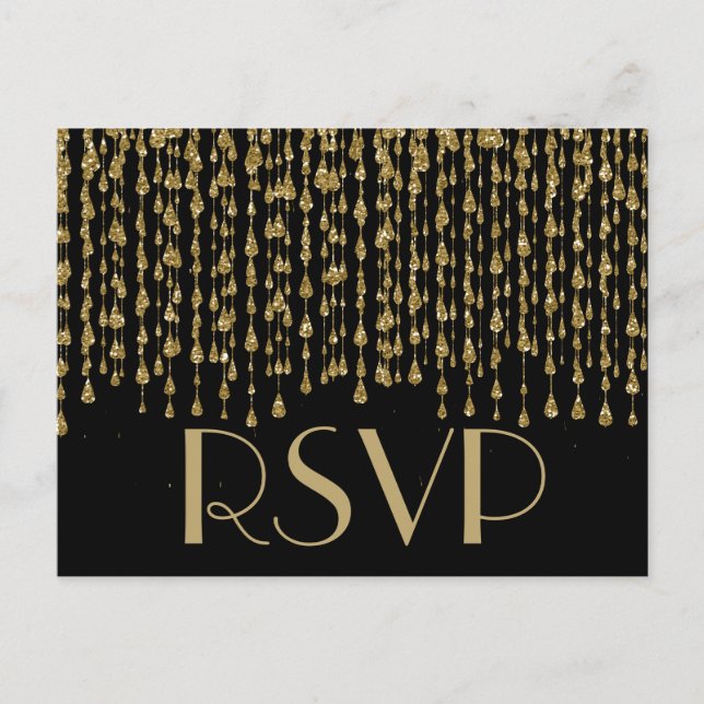 RSVP | Gold Confetti Streams with Black Background Invitation Postcard (Front)