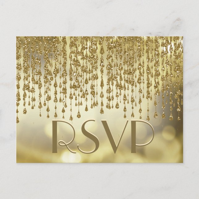 RSVP | Gold Confetti Streams with Bokeh Background Invitation Postcard (Front)