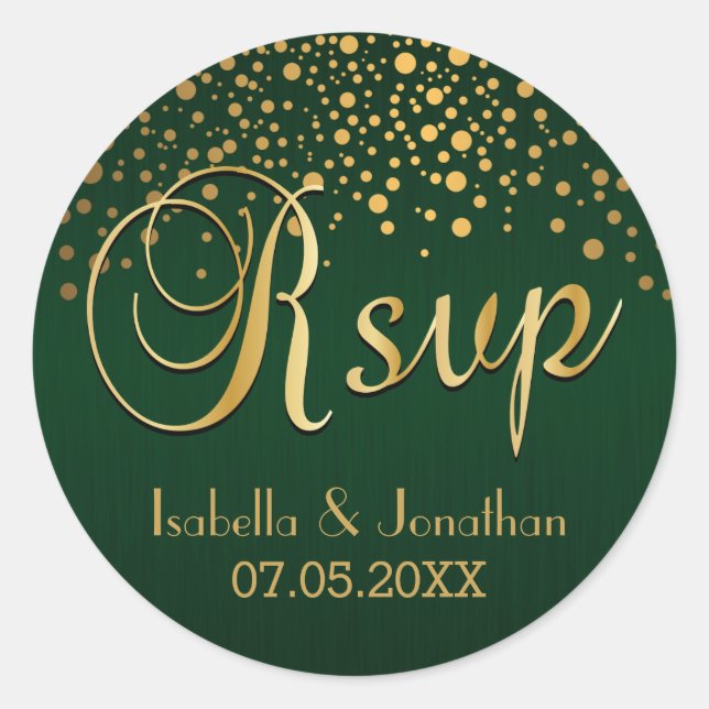 RSVP | Gold Dots and Green | Personalize Classic Round Sticker (Front)